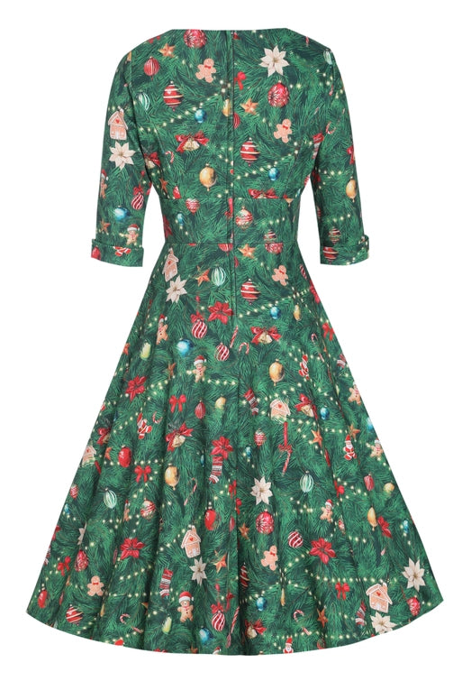 Scarlette Green Long Sleeved Xmas Tree Print Stretchy Dress