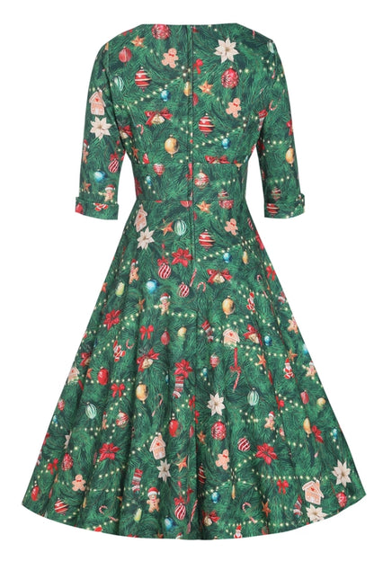 Scarlette Green Long-Sleeved Xmas Tree Print Stretchy Dress