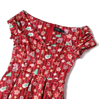 Lily in Red with Christmas Cookie Print Off-Shoulder Dress