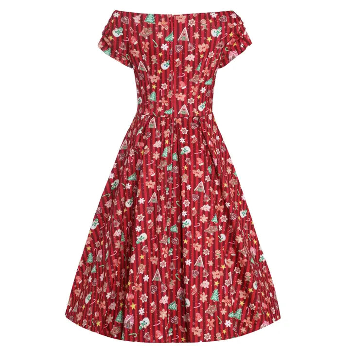 Lily in Red with Christmas Cookie Print Off-Shoulder Dress