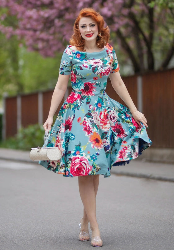 Darlene Authentic Vintage Inspired Swing Dress in Blue Floral by Dolly and Dotty