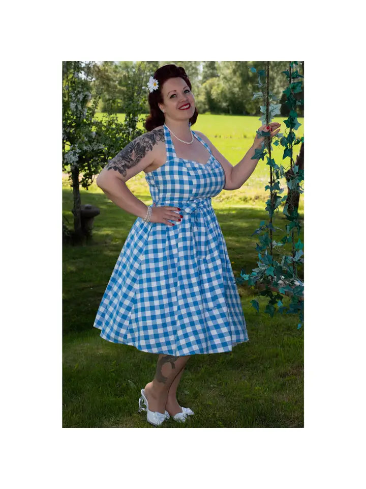 Retro Style Halter Neck Skater Dress Blue White Gingham by Dolly and Isabel s Retro Vintage Clothing