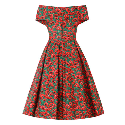 Beverly Green Cross-Over-Off-Shoulder Red Poppy Print Dress