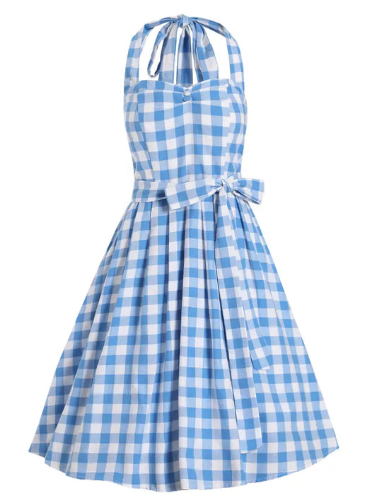 Retro Style Halter Neck Skater Dress Blue & White Gingham by Dolly and Dotty