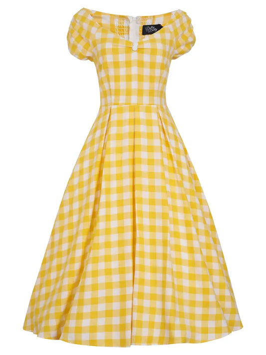Lily Off Shoulder Yellow Gingham Swing Dress by dolly and dotty