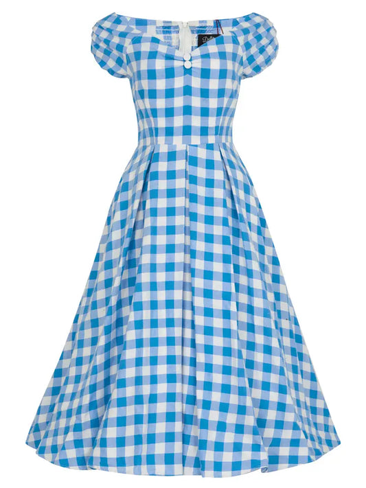 Lily Off Shoulder Blue Gingham Swing Dress by Dolly and Dotty