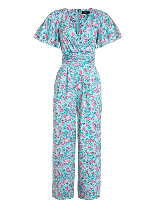 Charlotte Light Blue Flamingo & Palm Leaf Print Jumpsuit