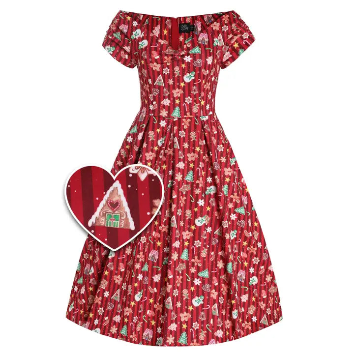 Lily in Red with Christmas Cookie Print Off-Shoulder Dress