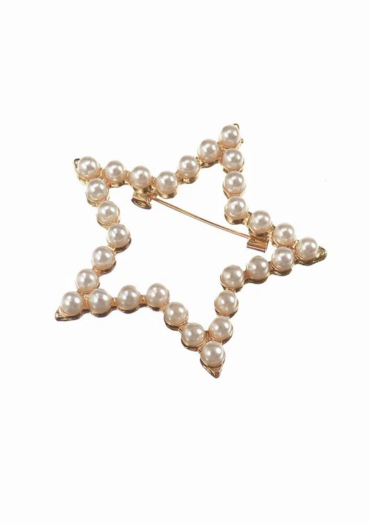 Star Frame of Pearls Brooch- Old Gold/Faux Pearl