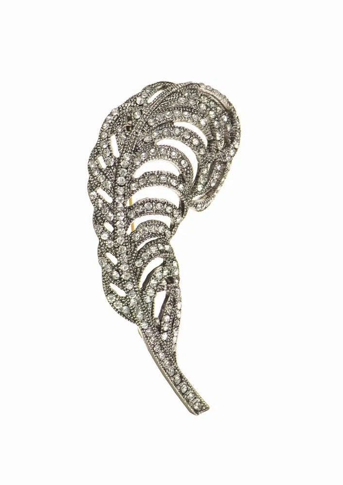 Grande Feather brooch - Antique Silver/Clear Crystal