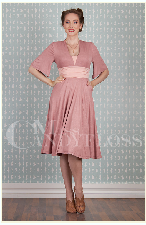 Loila-Rosite Old Rose Pink stretch dress with trumpet sleeves by Miss Candyfloss