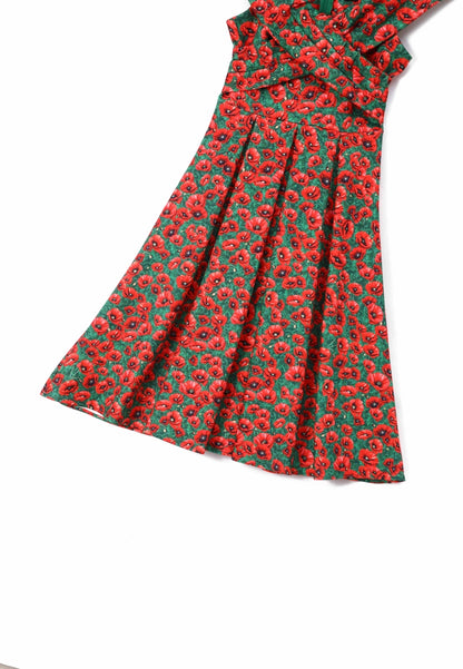 Beverly Green Cross-Over-Off-Shoulder Red Poppy Print Dress