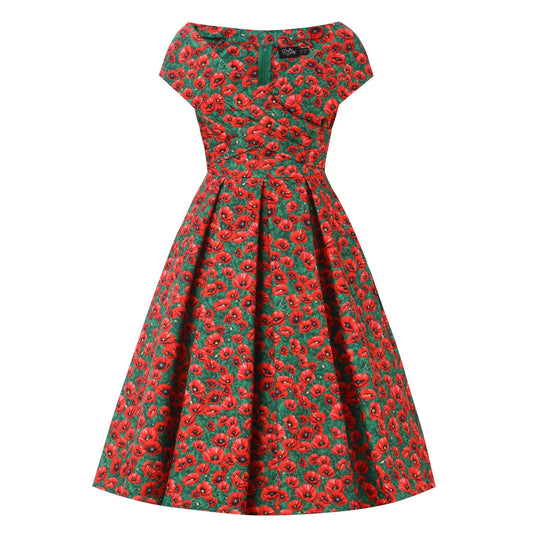 Beverly Green Cross-Over-Off-Shoulder Red Poppy Print Dress