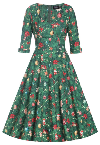 Scarlette Green Long-Sleeved Xmas Tree Print Stretchy Dress