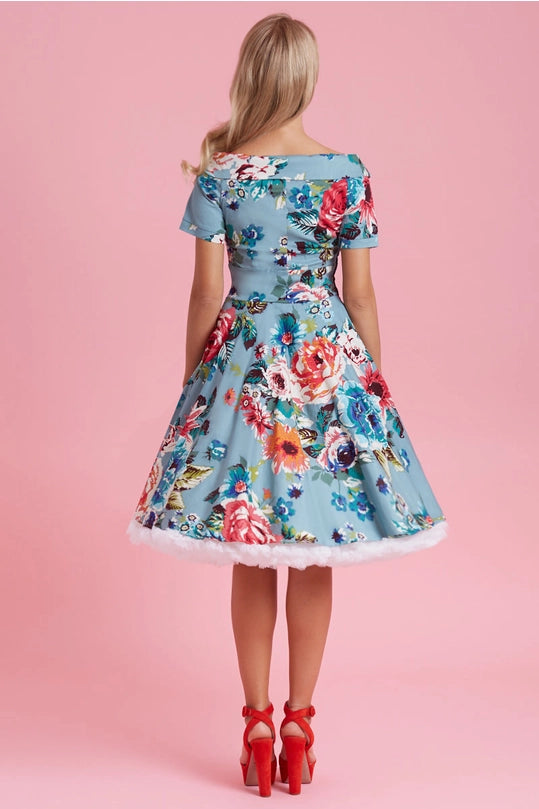 Darlene Authentic Vintage Inspired Swing Dress in Blue Floral by Dolly and Dotty